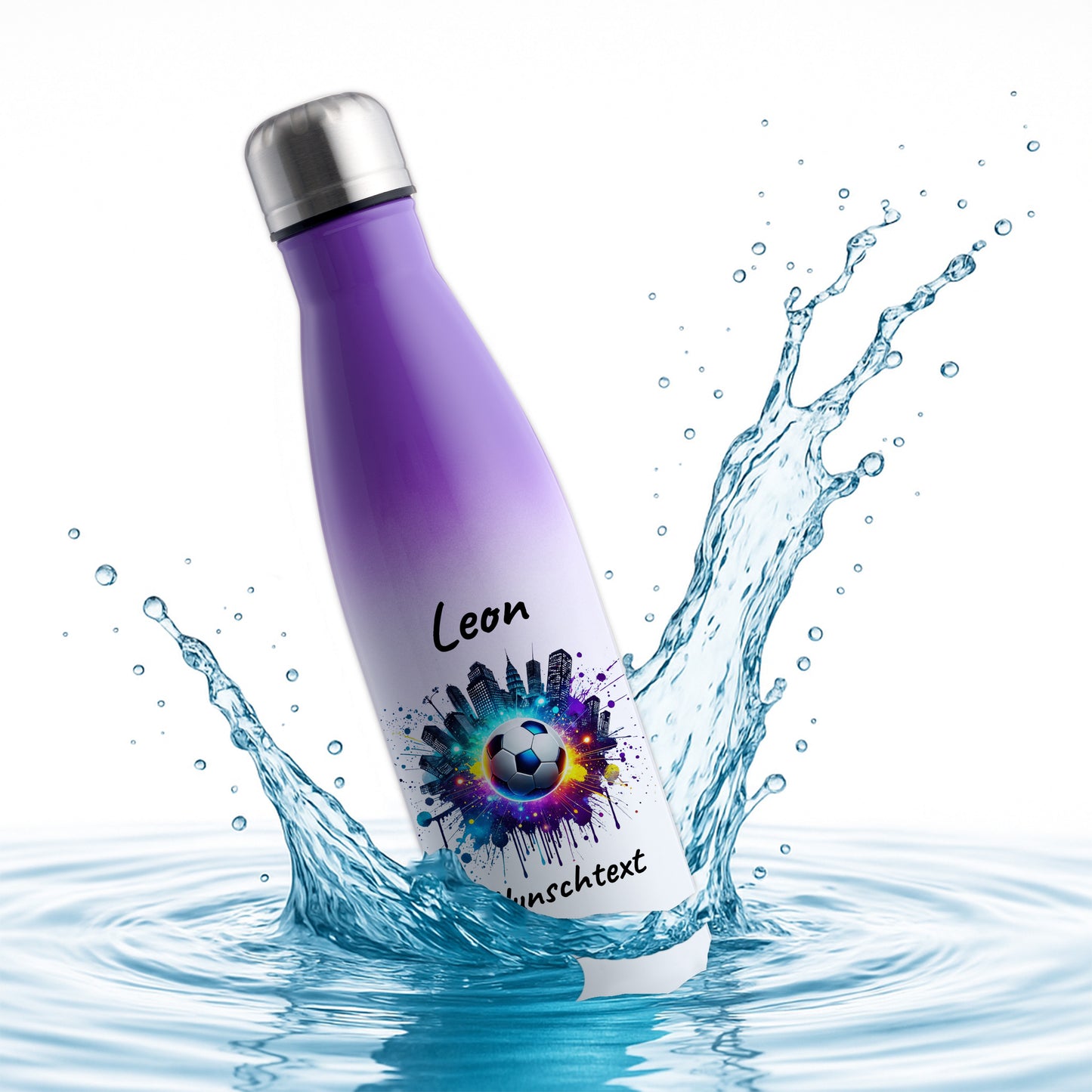 Thermoflasche 500ml in Weiß/Violett aus Edelstahl bedruckt "Fußball" Motiv7 personalisierbar mit Wunschname & Text