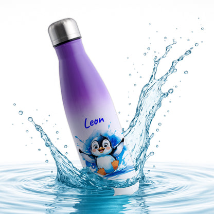 Trinkflasche in Weiß/Violett 500ml aus Edelstahl bedruckt mit niedlichen Tieren "Pinguin" personalisierbar für Kinder mit Wunschname
