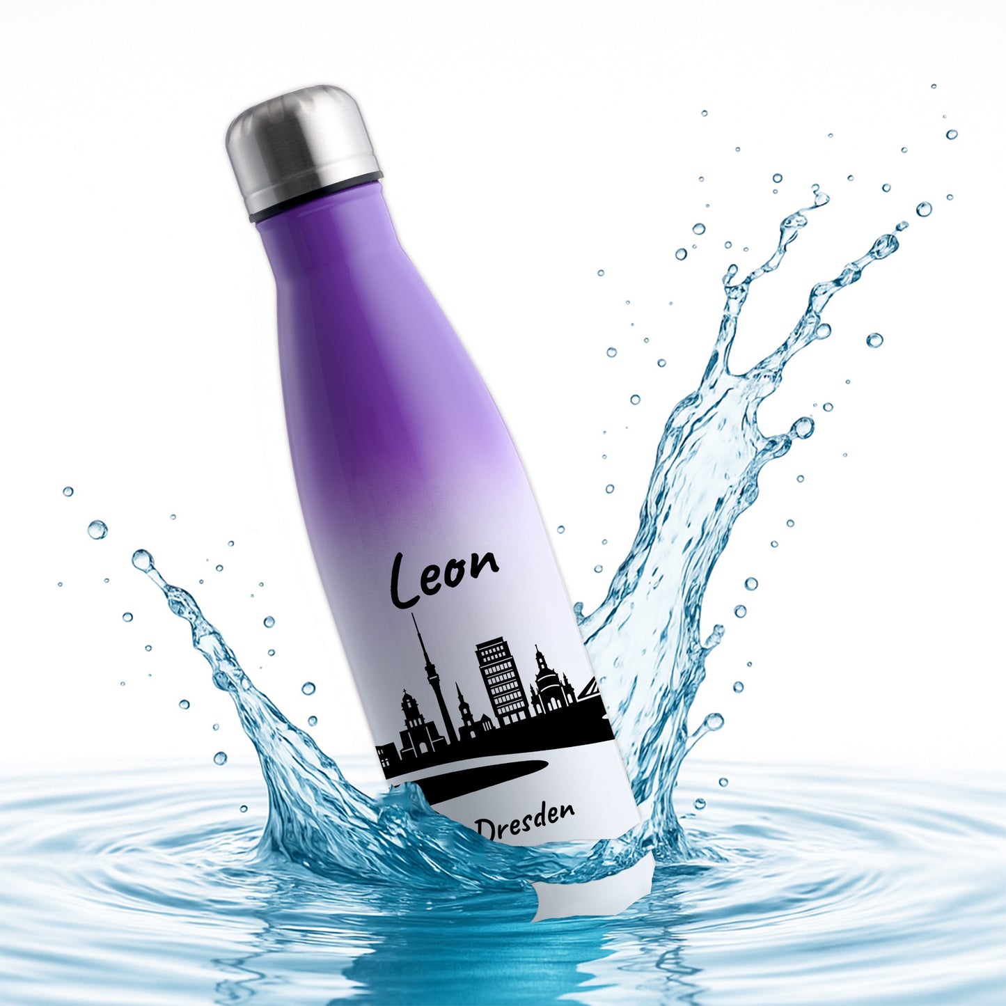 Trinkflasche in Weiß/Violett 500ml aus Edelstahl bedruckt mit der Skyline von Dresden personalisierbar mit Wunschname