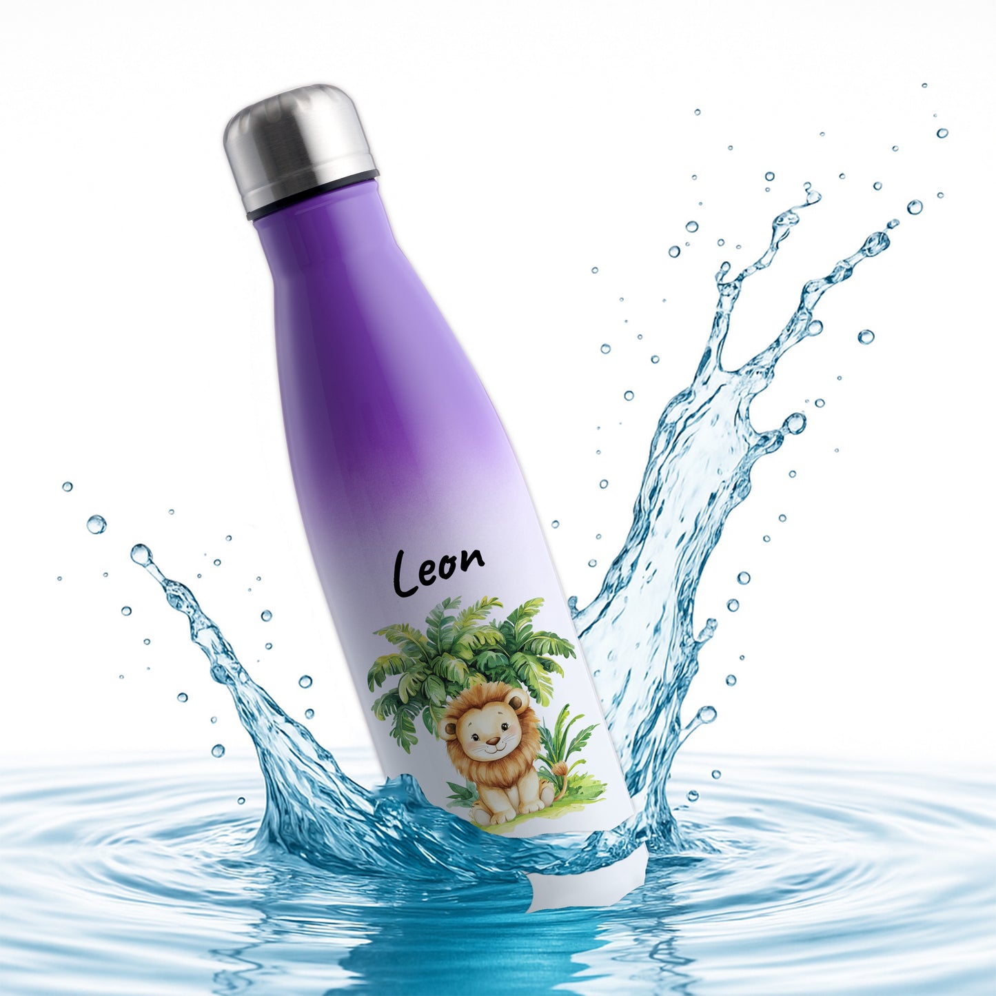 Trinkflasche mit Farbverlauf in Weiß/Violett 500ml aus Edelstahl bedruckt mit Dschungel Tieren"Löwe" personalisierbar für Kinder mit Wunschname