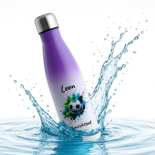 Thermoflasche 500ml in Weiß/Violett aus Edelstahl bedruckt "Fußball" Motiv8 personalisierbar mit Wunschname & Text