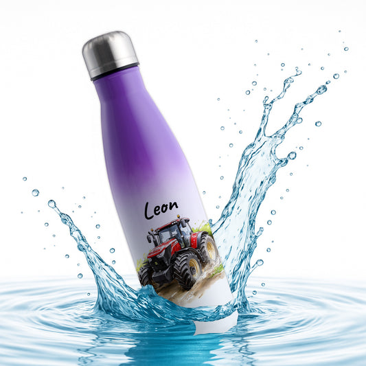Thermoflasche 500ml in Weiß/Violett bedruckt mit tollen Motiven für Kinder "Traktor" personalisierbar mit Wunschname