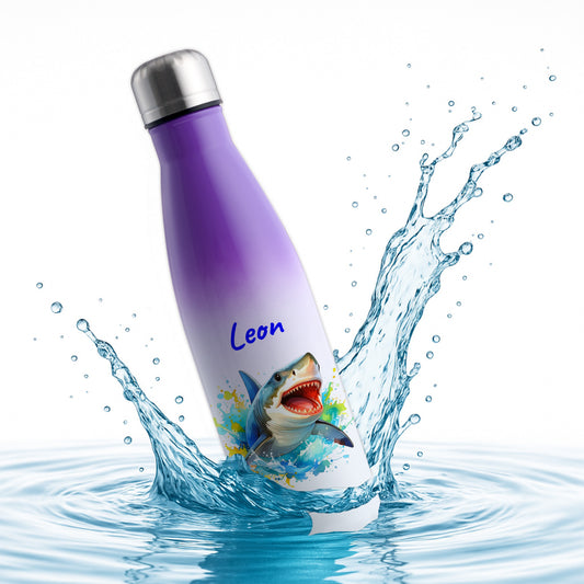 Thermoflasche 500ml in Weiß/Violett bedruckt mit tollen Motiven für Kinder "Hai" personalisierbar mit Wunschname