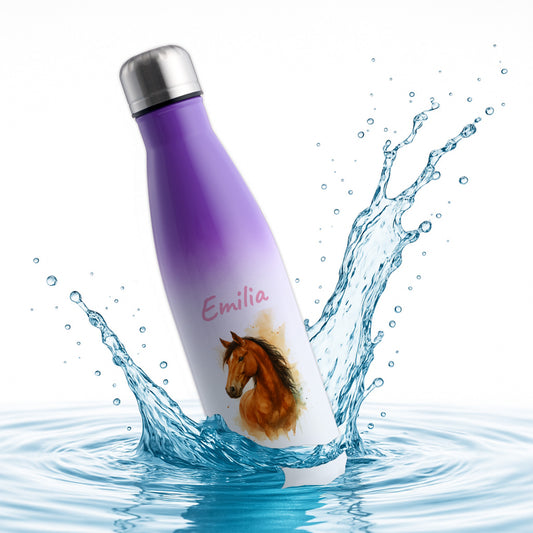 Thermoflasche 500ml in Weiß/Violett bedruckt mit tollen Motiven für Kinder "Pferd" personalisierbar mit Wunschname