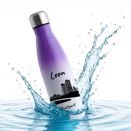 Trinkflasche in Weiß/Violett 500ml aus Edelstahl bedruckt mit der Skyline von Stuttgart personalisierbar mit Wunschname