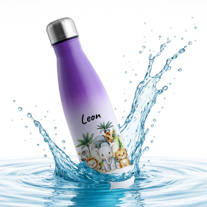 Trinkflasche mit Farbverlauf in Weiß/Violett 500ml aus Edelstahl bedruckt mit Dschungel Tieren"Dschungel Tiere" personalisierbar für Kinder mit Wunschname