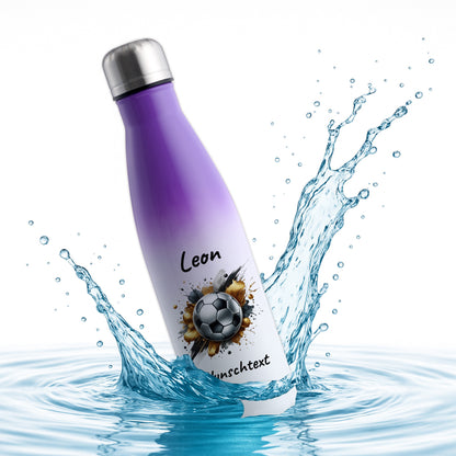 Thermoflasche 500ml in Weiß/Violett aus Edelstahl bedruckt "Fußball" Motiv13 personalisierbar mit Wunschname & Text