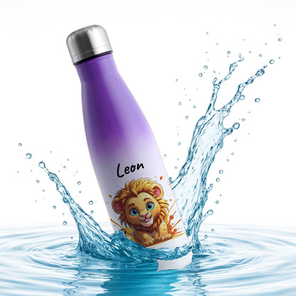 Trinkflasche in Weiß/Violett 500ml aus Edelstahl bedruckt mit niedlichen Tieren "Löwe" personalisierbar für Kinder mit Wunschname