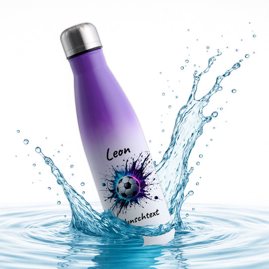 Thermoflasche 500ml in Weiß/Violett aus Edelstahl bedruckt "Fußball" Motiv10 personalisierbar mit Wunschname & Text