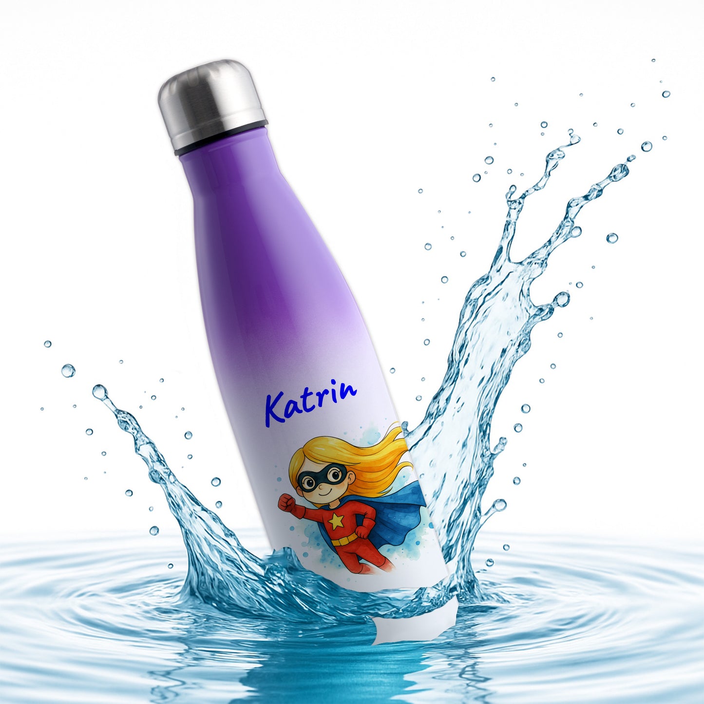 Thermoflasche 500ml in Weiß/Violett bedruckt mit tollen Motiven für Kinder "Superheldin" personalisierbar mit Wunschname