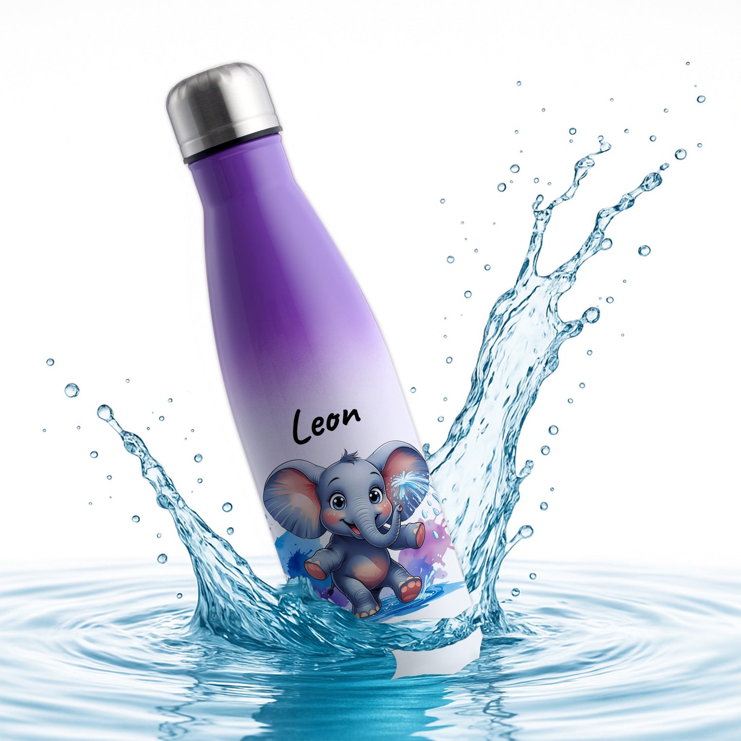 Trinkflasche in Weiß/Violett 500ml aus Edelstahl bedruckt mit niedlichen Tieren "Elefant" personalisierbar für Kinder mit Wunschname