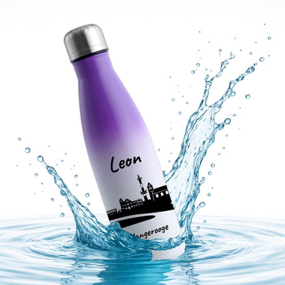 Trinkflasche in Weiß/Violett 500ml aus Edelstahl bedruckt mit der Skyline von Wangerooge personalisierbar mit Wunschname