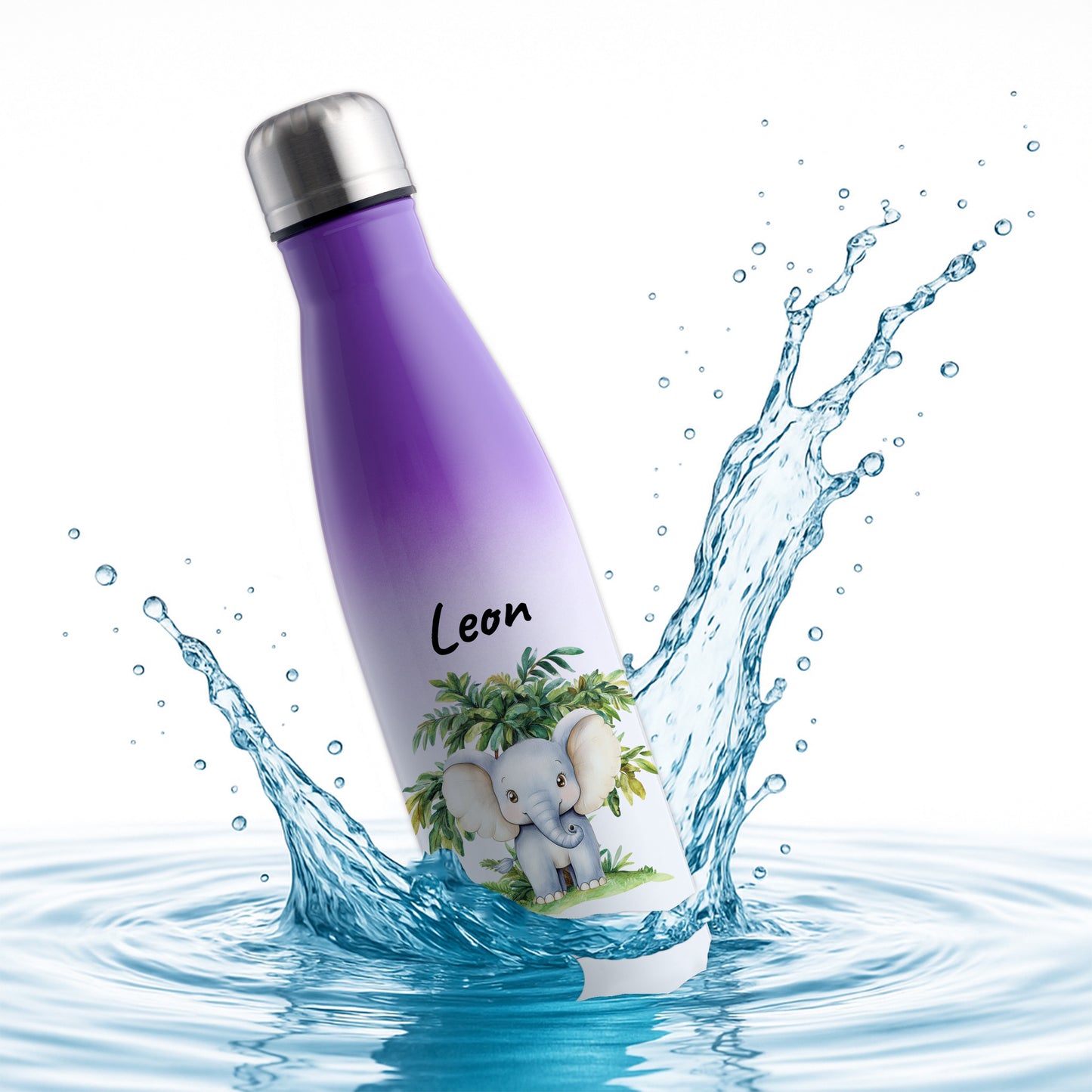 Trinkflasche mit Farbverlauf in Weiß/Violett 500ml aus Edelstahl bedruckt mit Dschungel Tieren"Elefant" personalisierbar für Kinder mit Wunschname