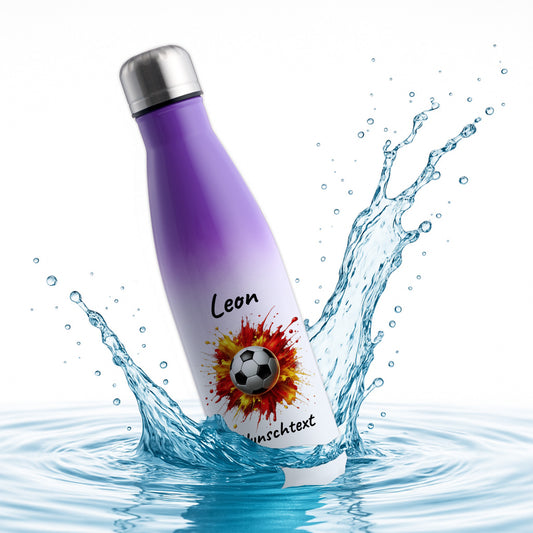 Thermoflasche 500ml in Weiß/Violett aus Edelstahl bedruckt "Fußball" Motiv9 personalisierbar mit Wunschname & Text