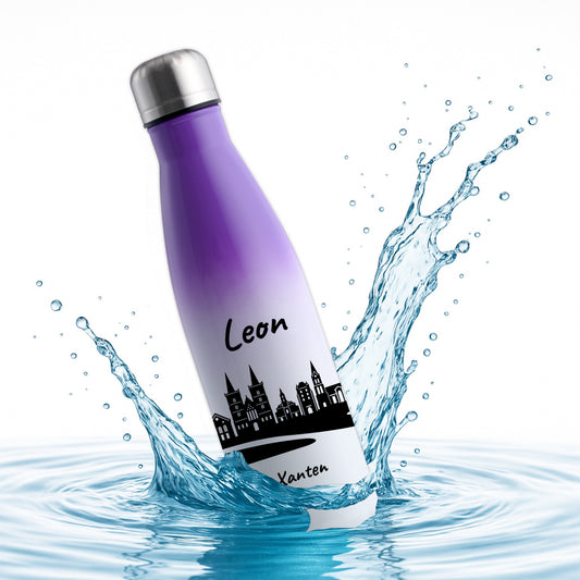 Trinkflasche in Weiß/Violett 500ml aus Edelstahl bedruckt mit der Skyline von Xanten personalisierbar mit Wunschname