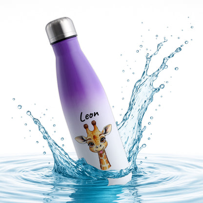 Trinkflasche in Weiß/Violett 500ml aus Edelstahl bedruckt mit niedlichen Tieren "Giraffe" personalisierbar für Kinder mit Wunschname