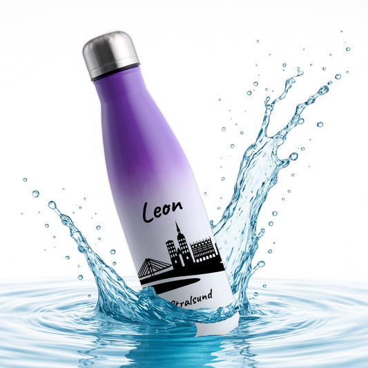 Trinkflasche in Weiß/Violett 500ml aus Edelstahl bedruckt mit der Skyline von Stralsund personalisierbar mit Wunschname