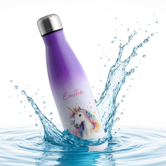 Thermoflasche 500ml in Weiß/Violett bedruckt mit tollen Motiven für Kinder "Einhorn" personalisierbar mit Wunschname