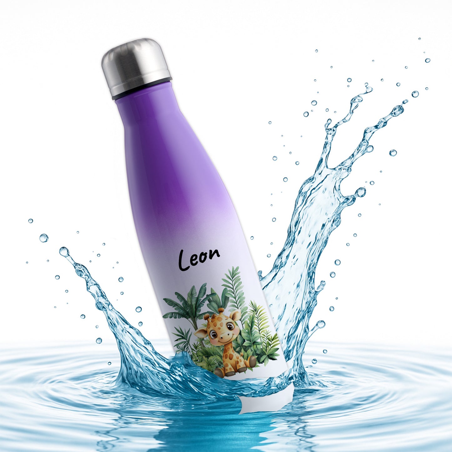 Trinkflasche mit Farbverlauf in Weiß/Violett 500ml aus Edelstahl bedruckt mit Dschungel Tieren"Giraffe" personalisierbar für Kinder mit Wunschname