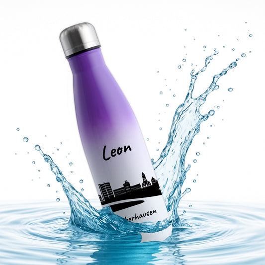 Trinkflasche in Weiß/Violett 500ml aus Edelstahl bedruckt mit der Skyline von Oberhausen personalisierbar mit Wunschname