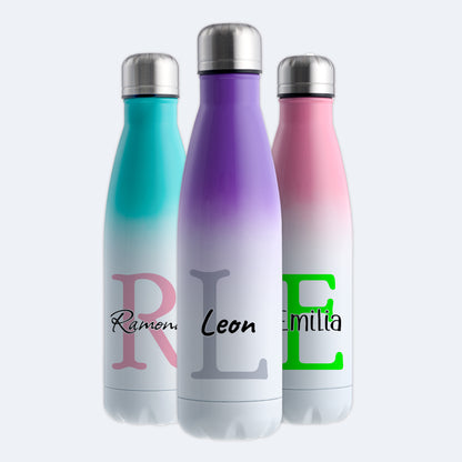 Thermoflasche 500ml aus Edelstahl in Weiß/Violett personalisierbar mit Wunschname auslaufsichere Trinkflasche