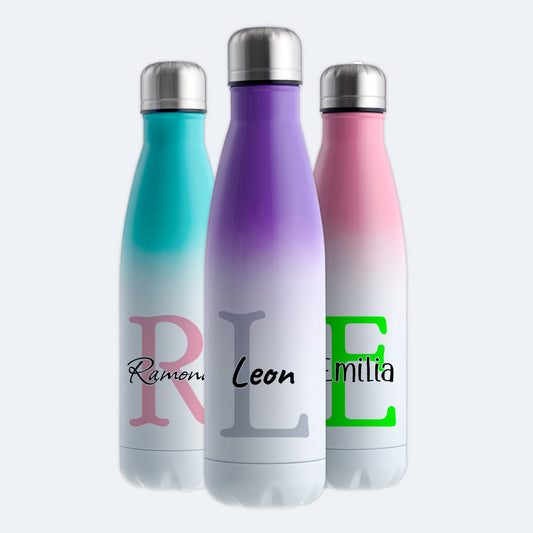 Thermoflasche 500ml aus Edelstahl in Weiß/Violett personalisierbar mit Wunschname auslaufsichere Trinkflasche
