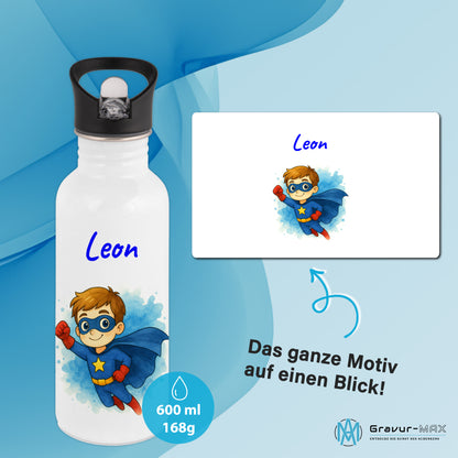 Trinkflasche mit Strohhalm in Weiß 600ml bedruckt mit tollen Motiven für Kinder "Superheld" personalisierbar für Kinder mit Wunschname aus Edelstahl