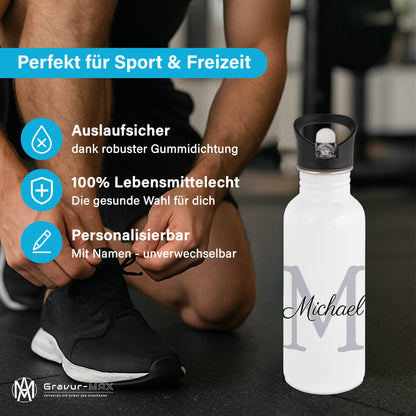 Trinkflasche in Weiß 600ml aus Edelstahl bedruckt als "Namensflasche" personalisierbar für Kinder und Erwachsene mit Wunschname