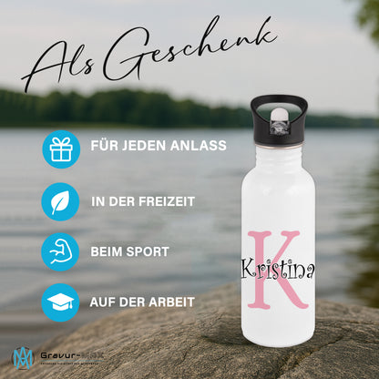Trinkflasche in Weiß 600ml aus Edelstahl bedruckt als "Namensflasche" personalisierbar für Kinder und Erwachsene mit Wunschname