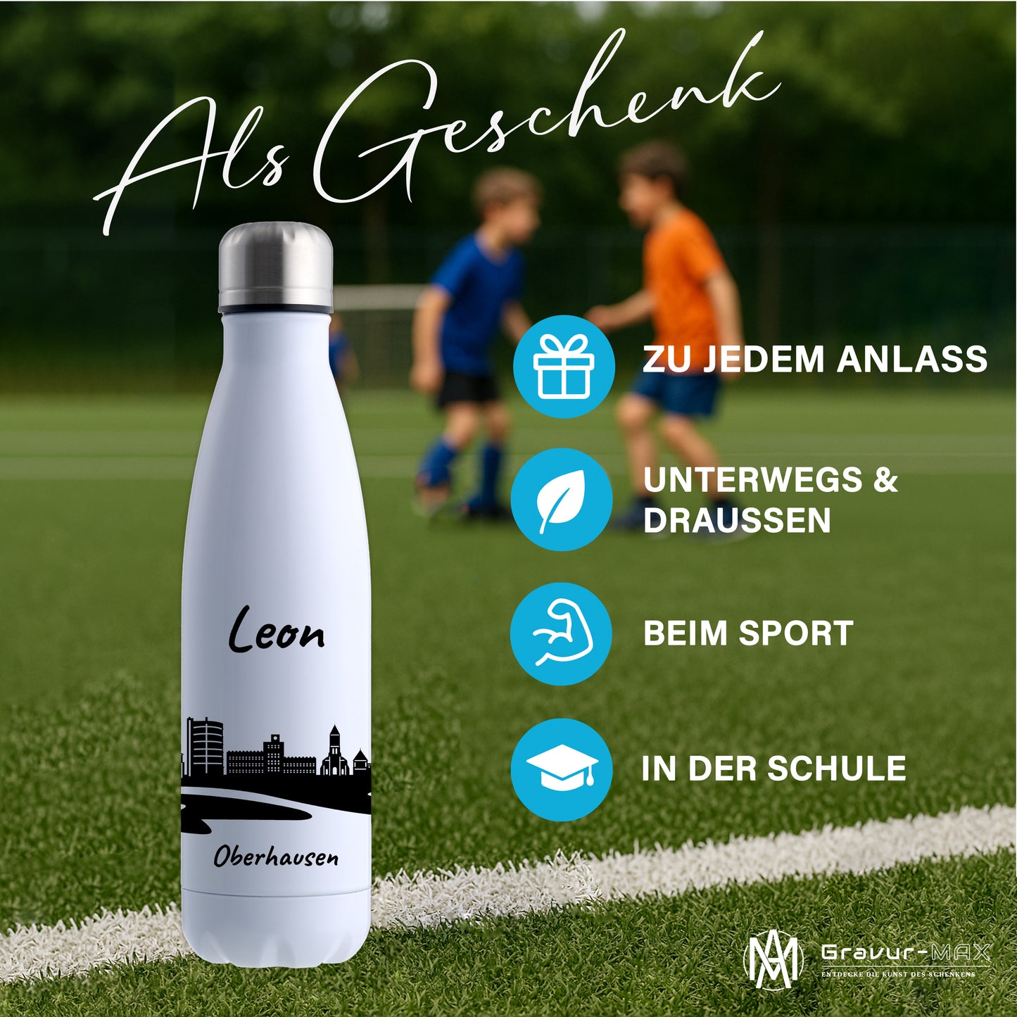 Trinkflasche in Weiß 500ml aus Edelstahl bedruckt mit der Skyline von Oberhausen personalisierbar mit Wunschname