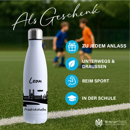 Trinkflasche in Weiß 500ml aus Edelstahl bedruckt mit der Skyline von Friedrichshafen personalisierbar mit Wunschname