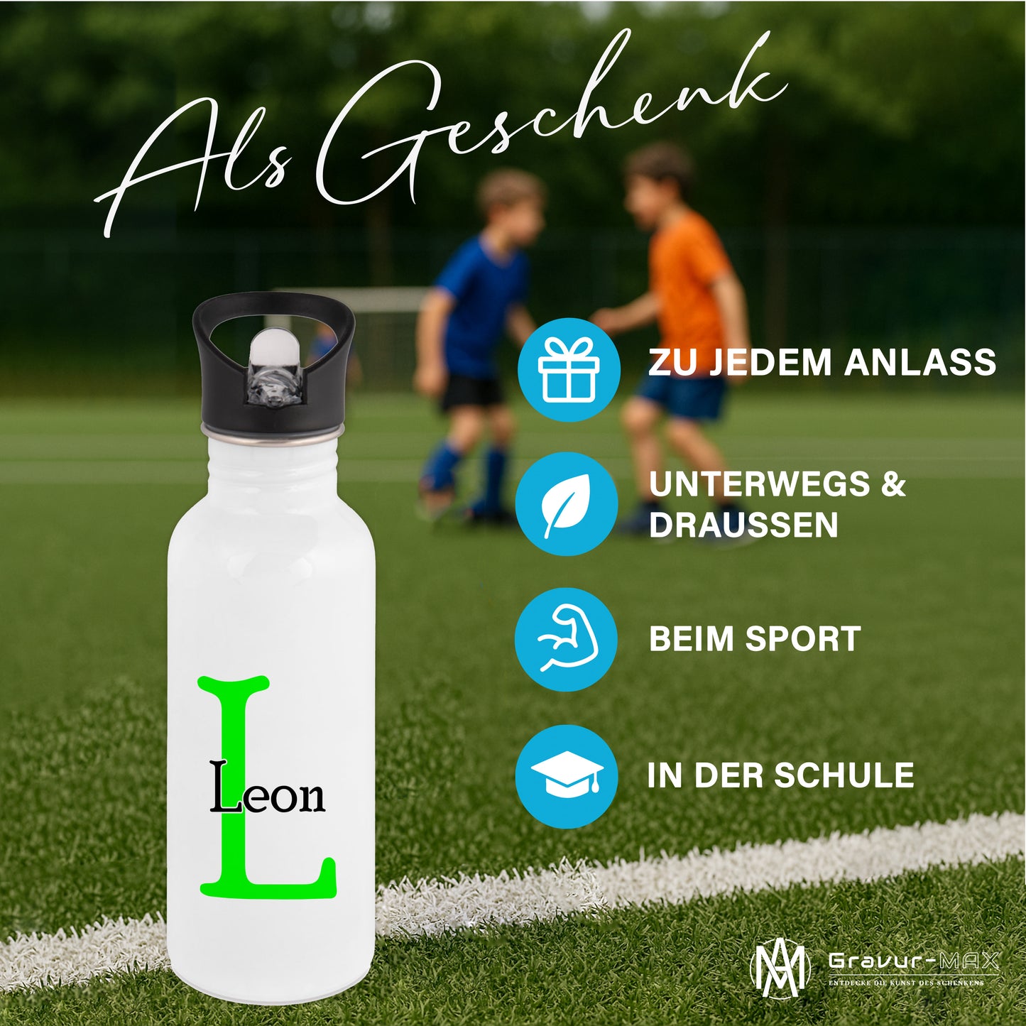 Trinkflasche in Weiß 600ml aus Edelstahl bedruckt als "Namensflasche" personalisierbar für Kinder und Erwachsene mit Wunschname