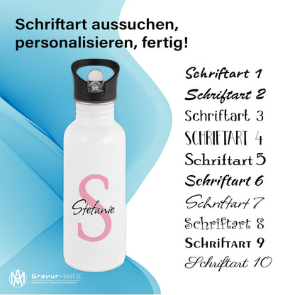 Trinkflasche in Weiß 600ml aus Edelstahl bedruckt als "Namensflasche" personalisierbar für Kinder und Erwachsene mit Wunschname