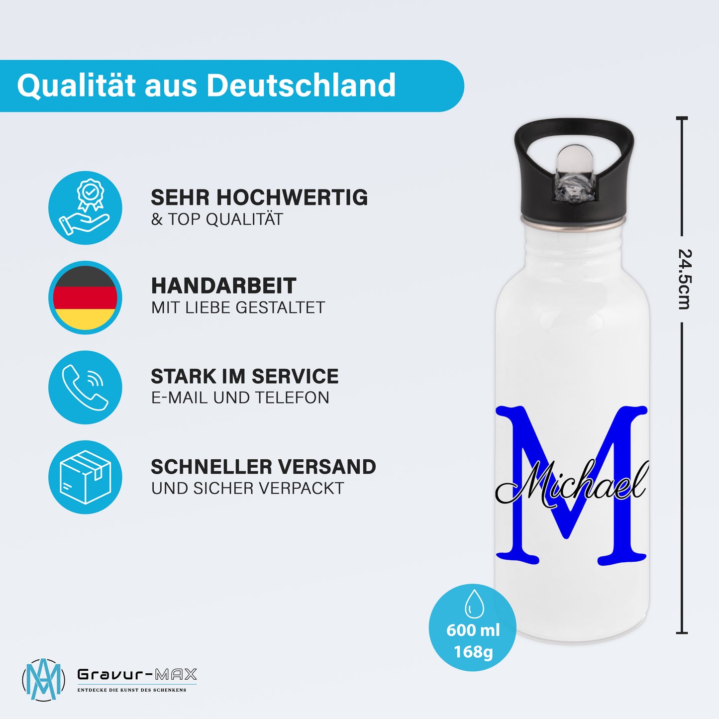 Trinkflasche in Weiß 600ml aus Edelstahl bedruckt als "Namensflasche" personalisierbar für Kinder und Erwachsene mit Wunschname