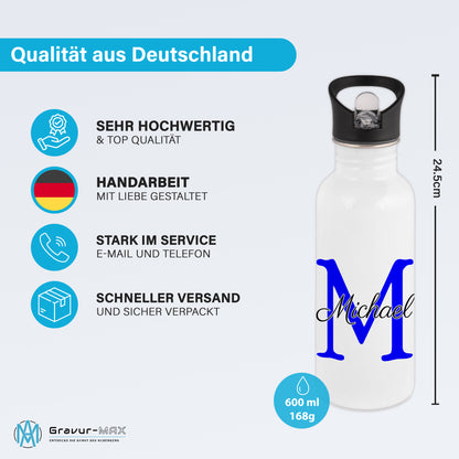 Trinkflasche in Weiß 600ml aus Edelstahl bedruckt als "Namensflasche" personalisierbar für Kinder und Erwachsene mit Wunschname