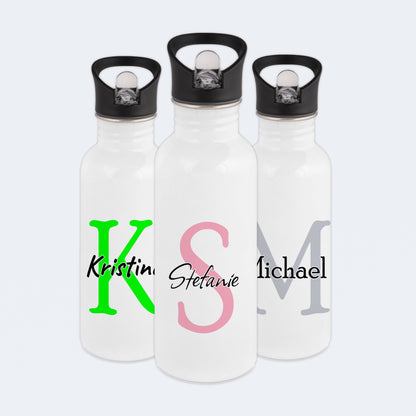 Trinkflasche in Weiß 600ml aus Edelstahl bedruckt als "Namensflasche" personalisierbar für Kinder und Erwachsene mit Wunschname