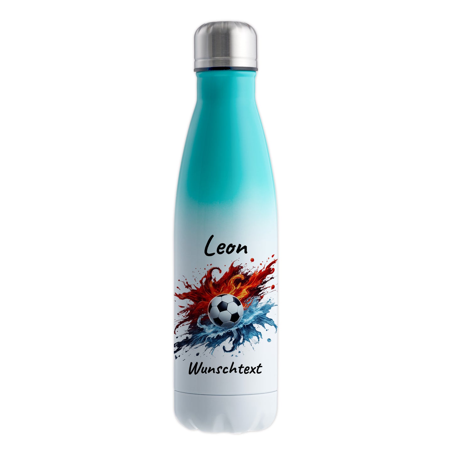 Thermoflasche 500ml in Weiß/Mint aus Edelstahl bedruckt "Fußball" Motiv12 personalisierbar mit Wunschname & Text