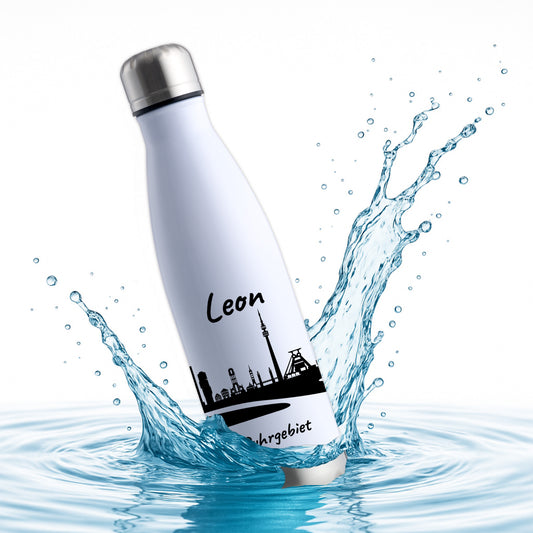 Trinkflasche in Weiß/Silber 500ml aus Edelstahl bedruckt mit der Skyline von Ruhrgebiet personalisierbar mit Wunschname