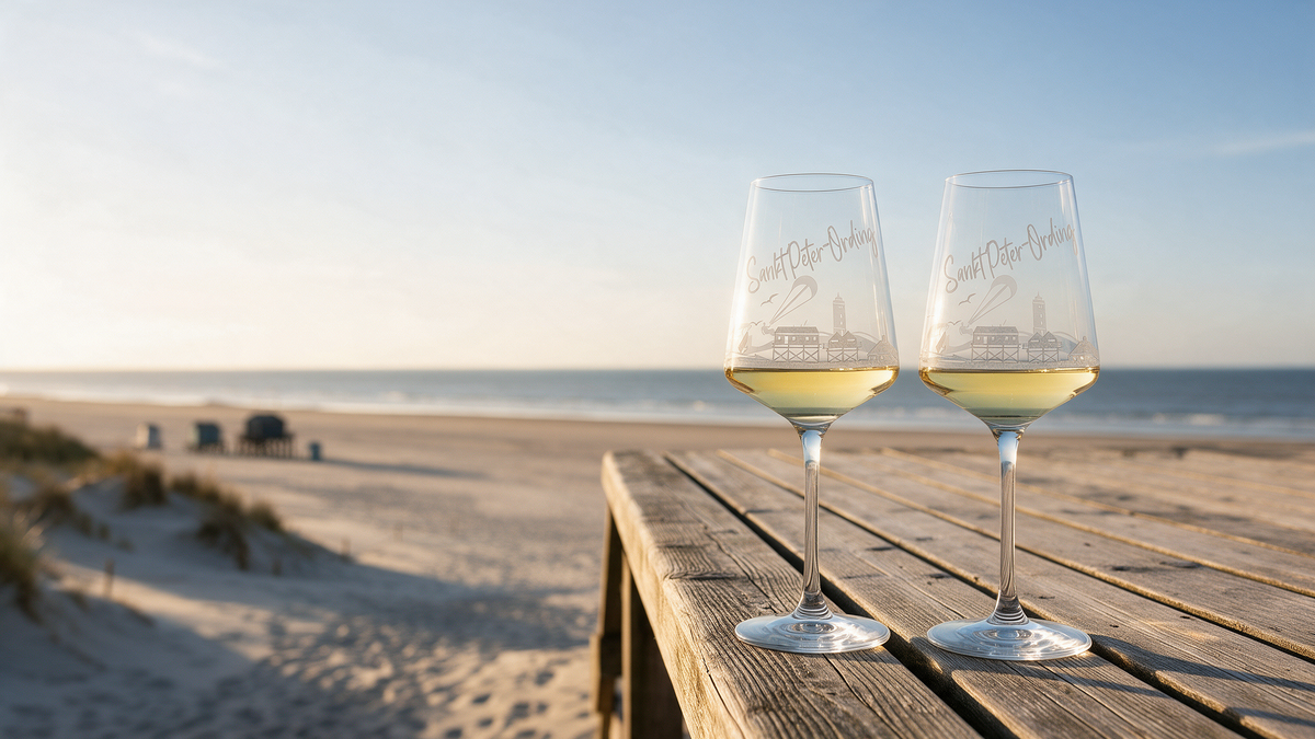 Zwei Weingläser mit Gravur der Skyline von Sankt Peter-Ording am Strand