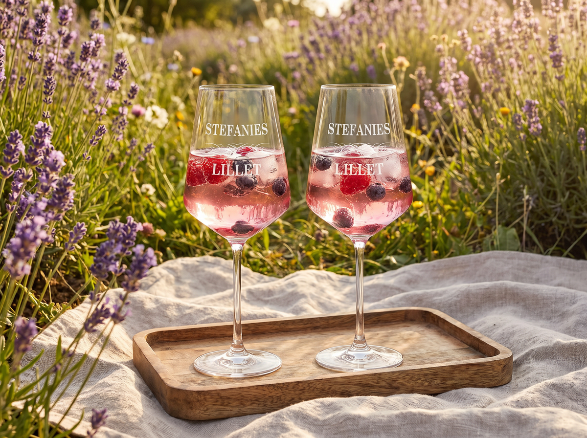 Zwei personalisierte Lillet-Gläser mit Gravur auf einem Holztablett im Lavendelfeld